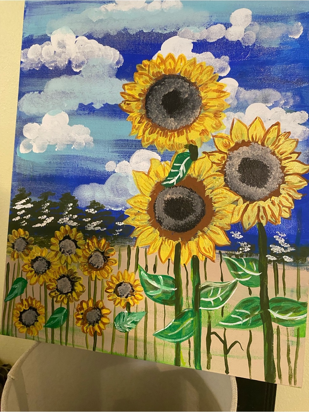 Hand-Painted Sunflower Field Canvas Art - Yellow & Blue 11x14
